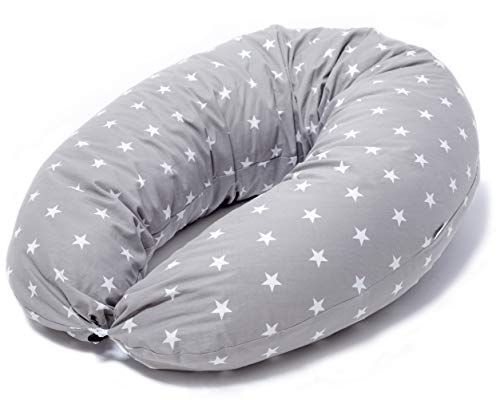 Almohada Embarazada y Cojin Lactancia Bebe Funda 100% Algodon Gris con Estrellas Blancas...