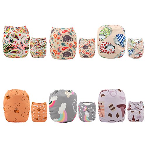 ALVABABY Pack 6pcs Pañales de tela ajustables y lavables de bolsillo + 12 insertos...